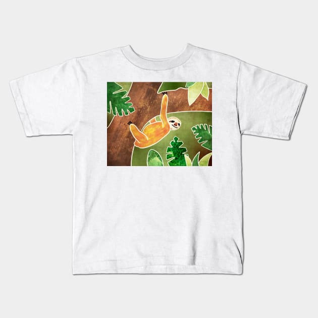 Three-toed Sloth Hanging around in the Jungle. Batik silk painting style. Kids T-Shirt by DragonpupLees